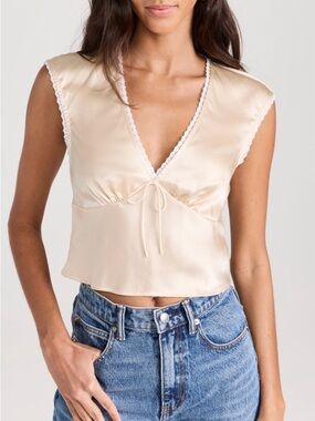Reformation Cherry Silk Lace Trim Top